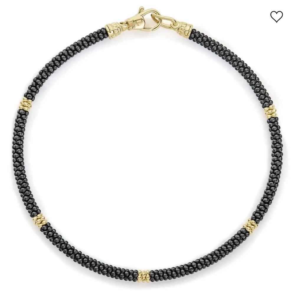 Lagos 18k Gold 3mm Black Caviar Gold 5 Stations Black Ceramic Bracelet Size L